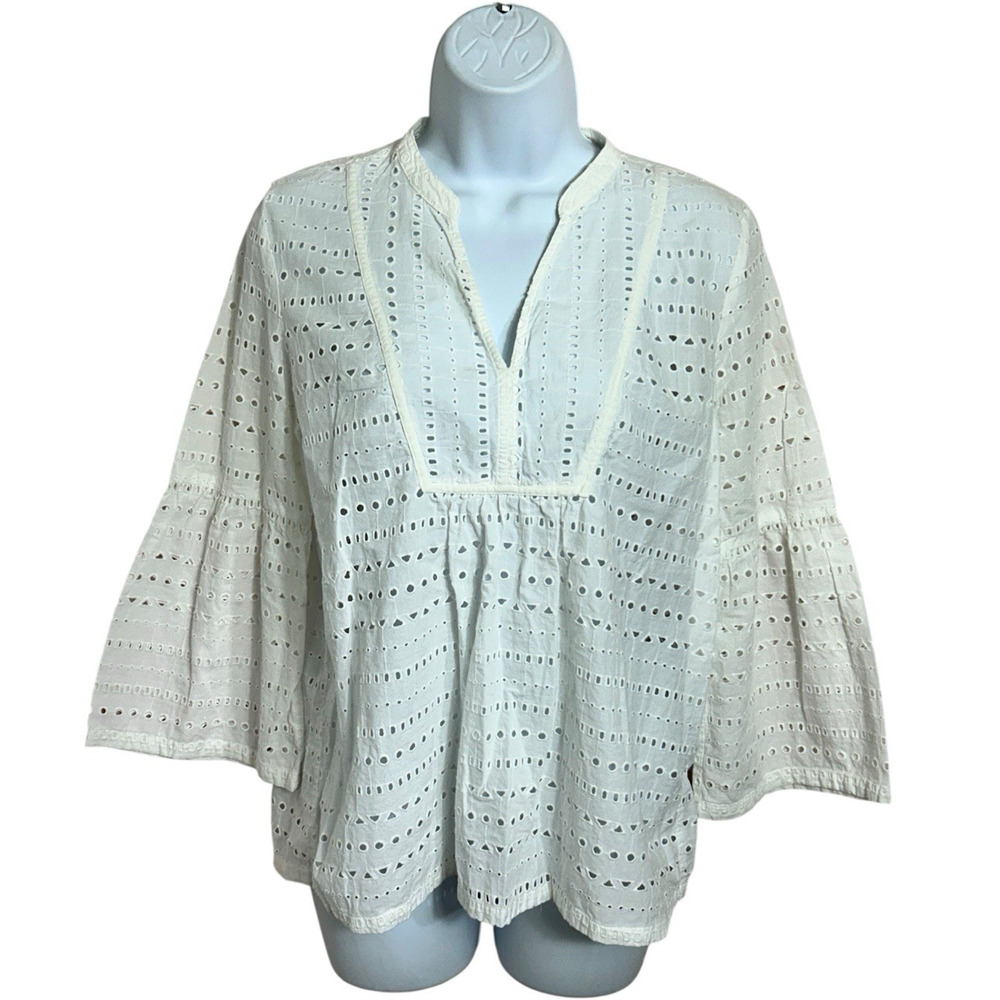 Ann Taylor LOFT White Eyelet Peasant Blouse Sz S Long Bell Sleeves V-Neck Top - Picture 3 of 6